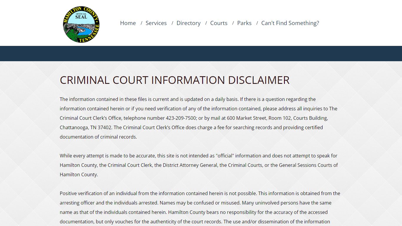 Criminal Court Information Disclaimer - Hamilton County, Tennessee